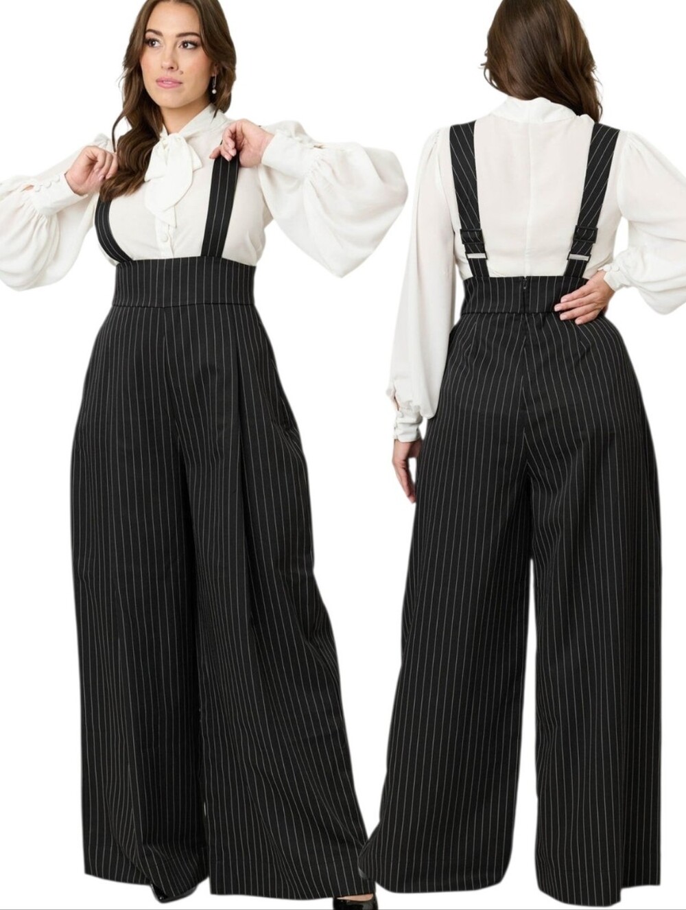 UNIQUE VINTAGE 'Rochelle' Pinstripe Suspender Pants - Size XL
